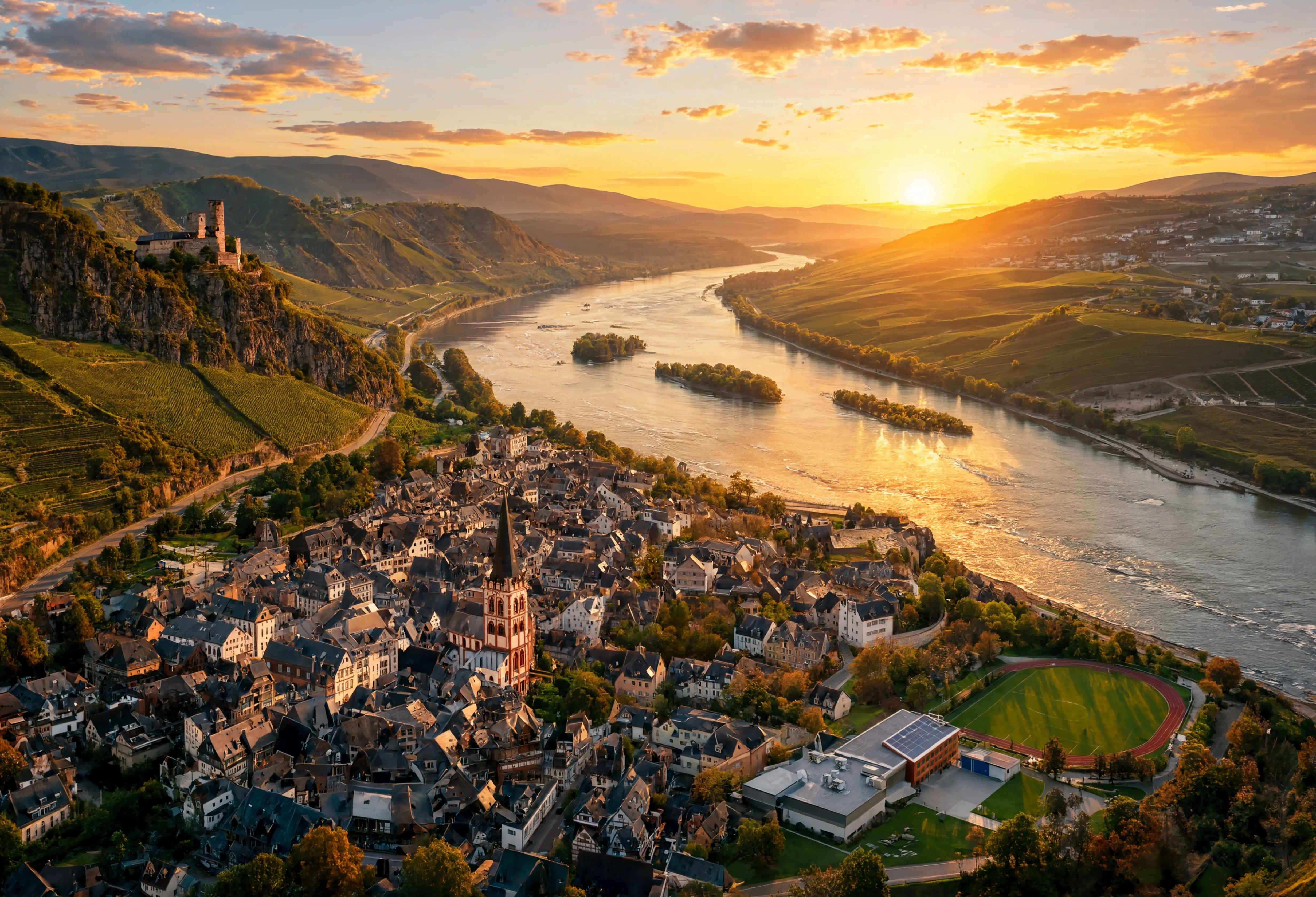 Rheintal bei Sonnenuntergang — Weinberge und historische Burgen